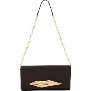 Diane Von Furstenberg Carolina Metal Gold Lips In Black Satin Clutch Chain Bag